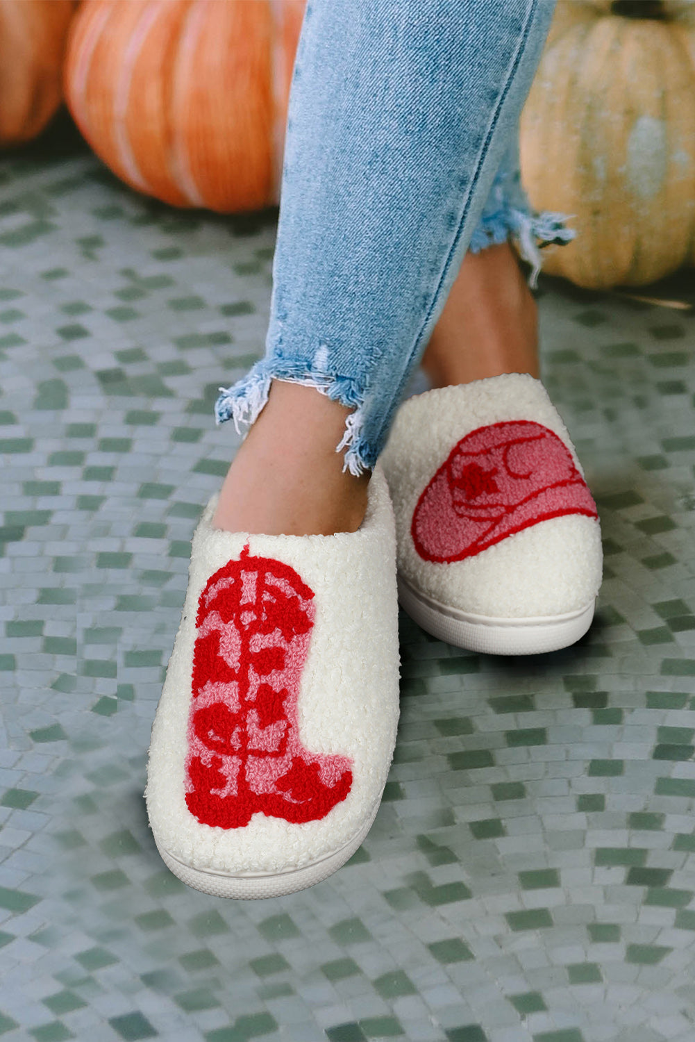 White Valentines Day Hearts Print Plush House Slippers