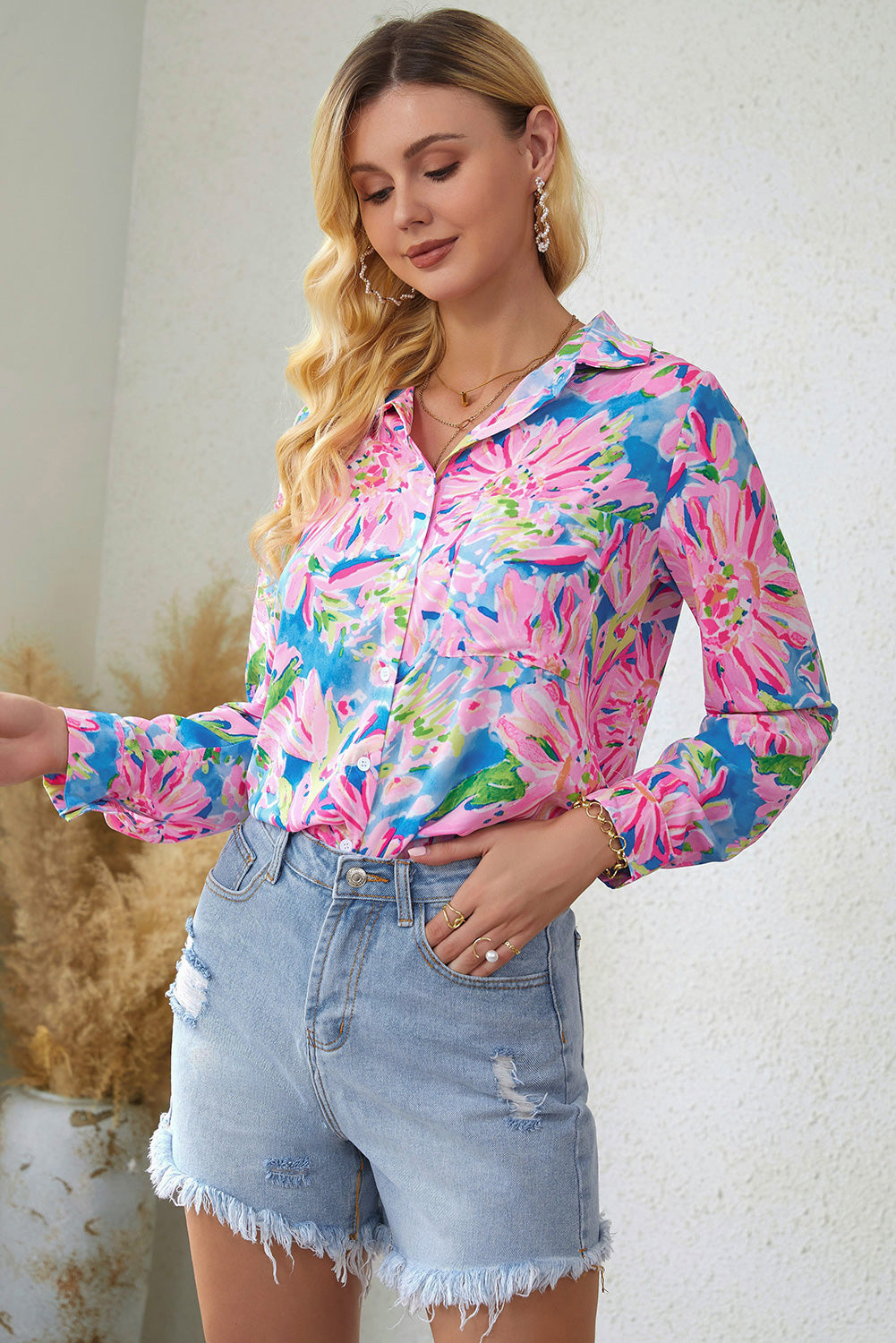 Pink Floral Print Loose Fit V Neck T Shirt