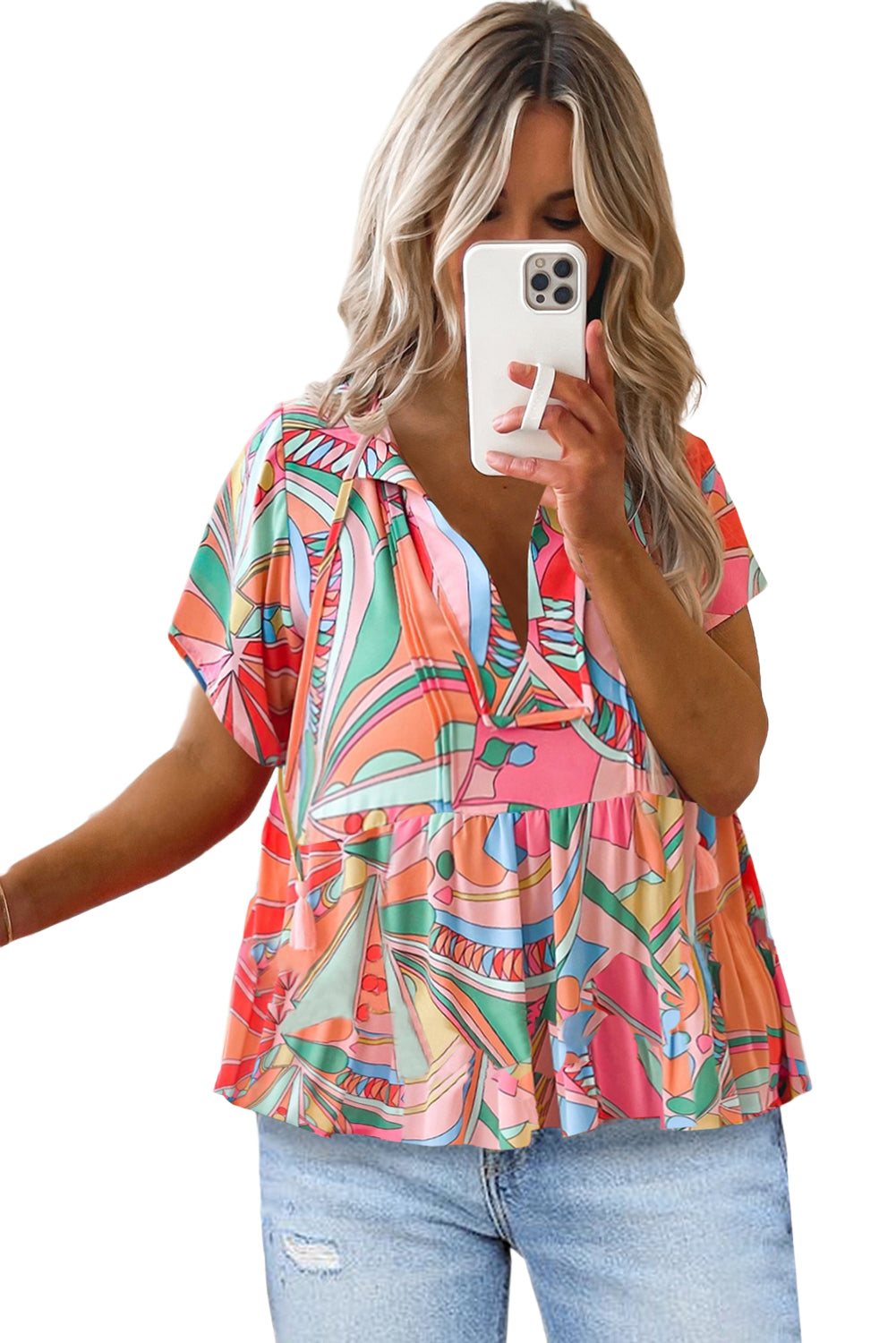 Multicolor Abstract Geometry Print Half Puff Sleeve Loose Shirt