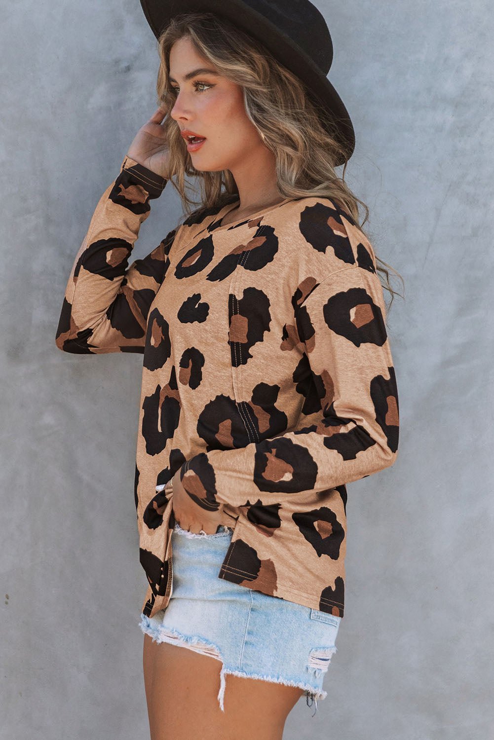 Leopard Animal Print Long Sleeve Pullover and Shorts Casual Outfit