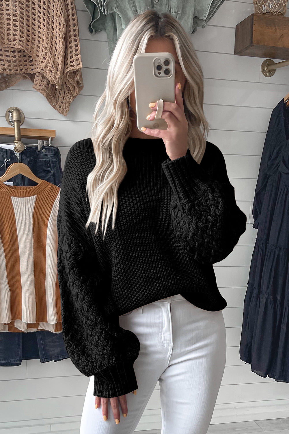 Light Grey Cable Knit Sleeve Drop Shoulder Sweater