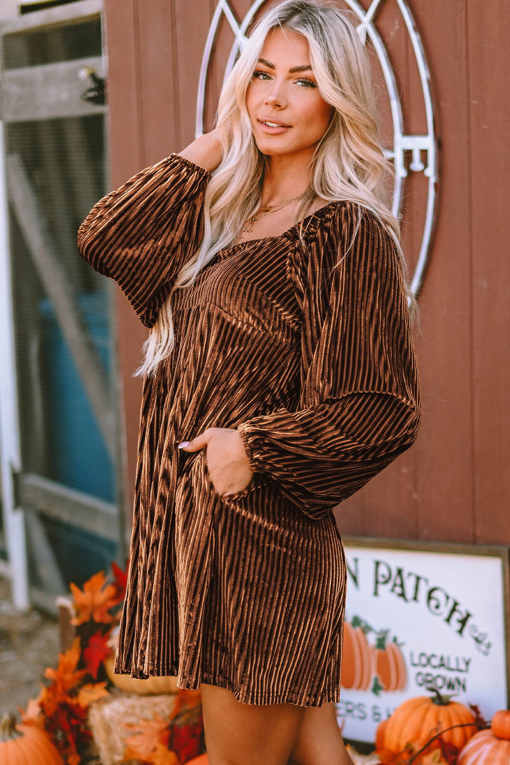 Pale Chestnut Long Sleeve Tiered Ribbed Velvet Dress