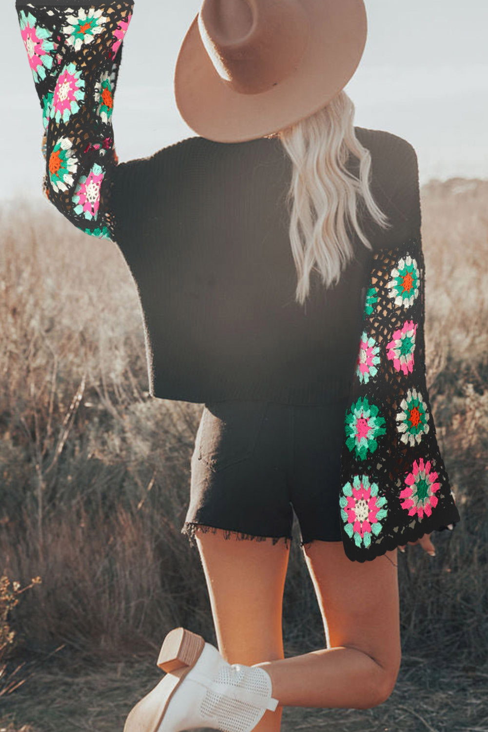 Rose Crochet Puff Sleeve Contrast Knit Sweater