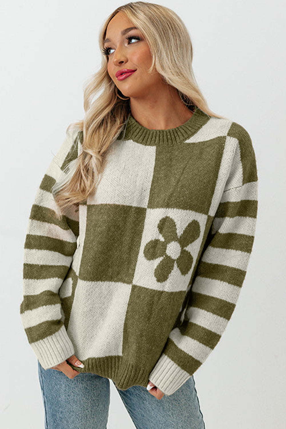 Orchid Petal Checkered Floral Print Striped Sleeve Sweater