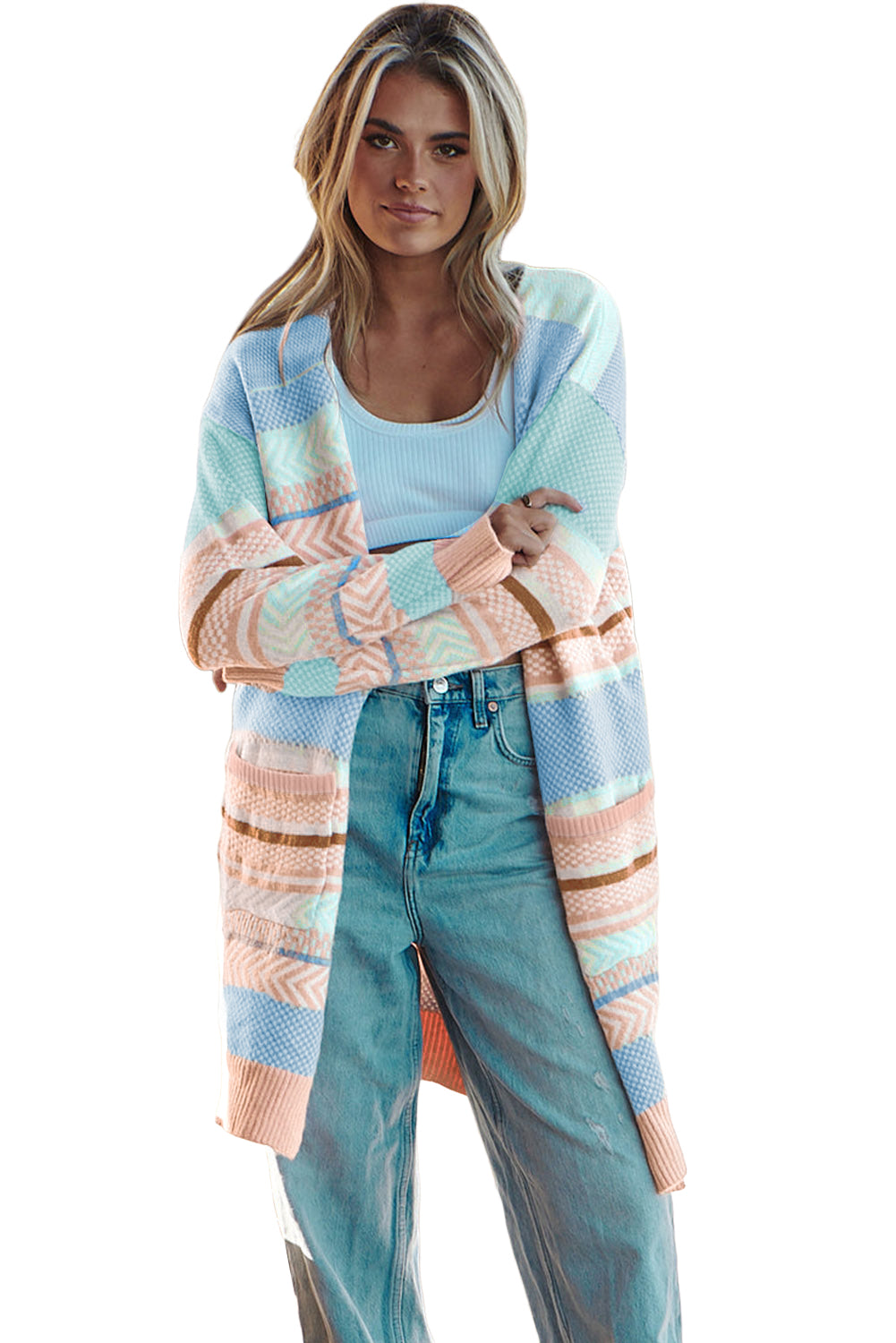 Multicolour Striped Printed Knitted Open Front Cardigan