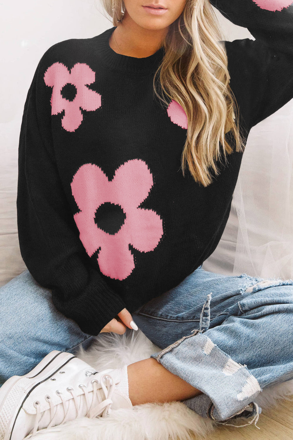 Flower Pattern Slouchy Sweater