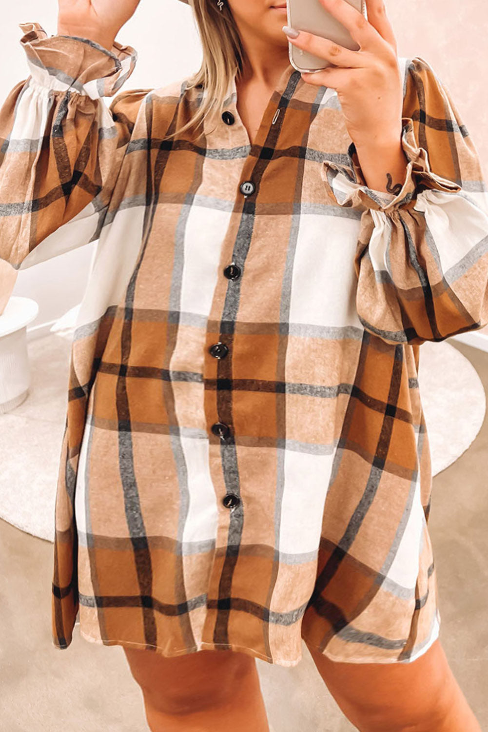 Khaki Plaid Pattern Collared Neck Ruffled Sleeve Shirt Dress