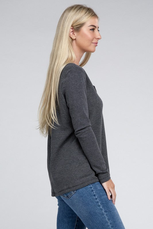 Melange Baby Waffle V-Neck Long Sleeve Top