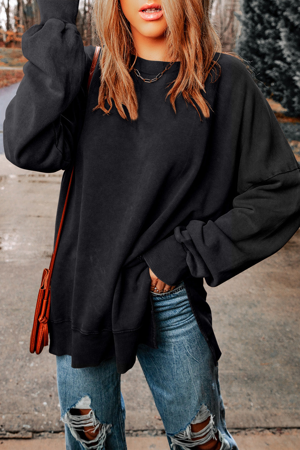 Khaki Drop Shoulder Ribbed Trim Oversized Sweatshirt