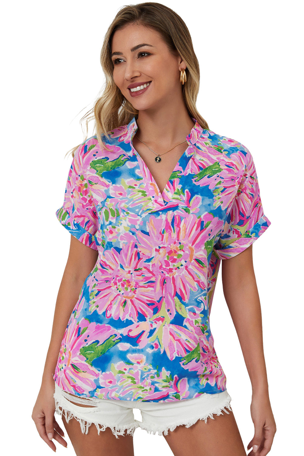 Pink Abstract Floral Print Notch V Neck Rolled Short Sleeve Blouse