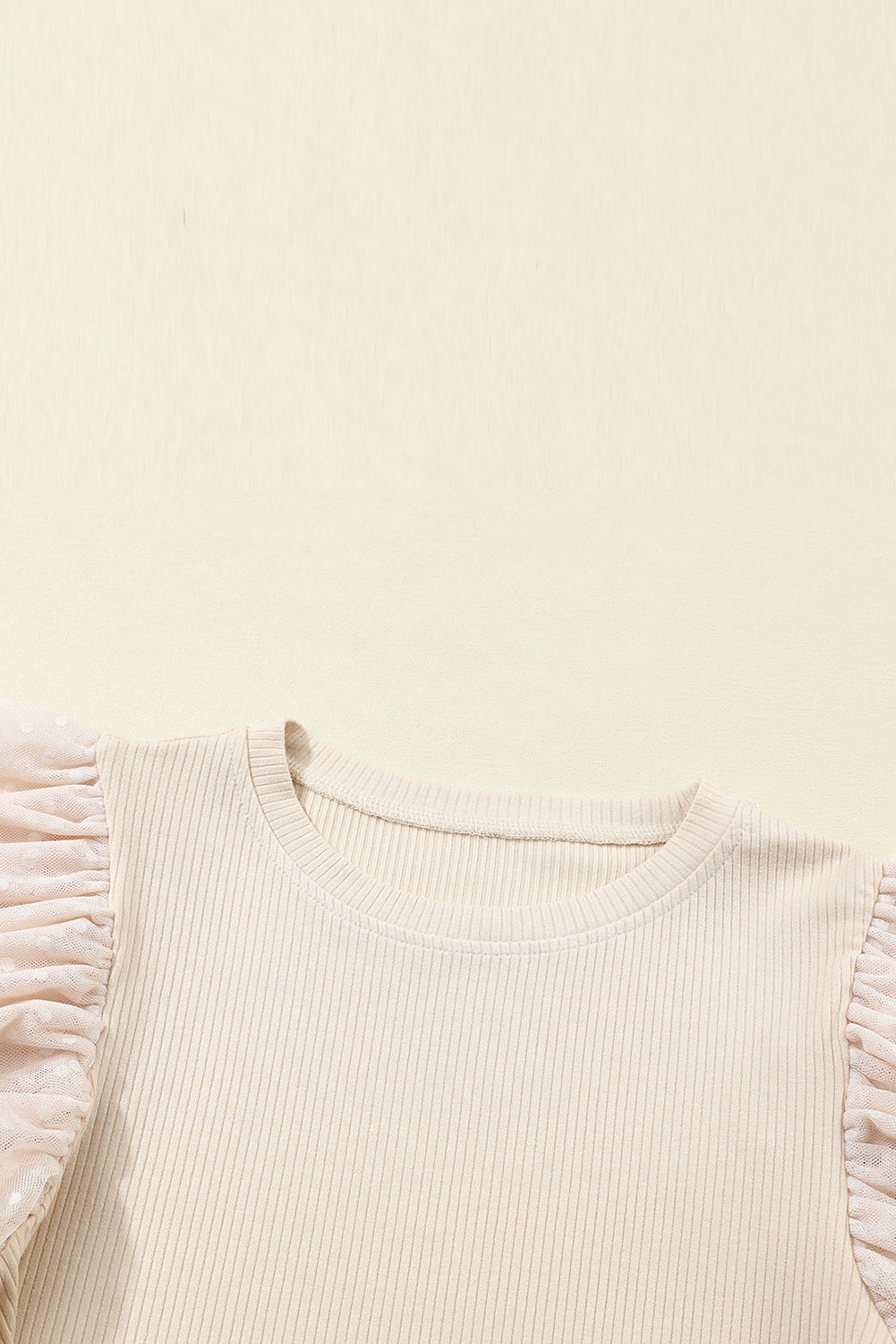 Beige Dotty Mesh Ruffle Sleeve Ribbed Knit Top