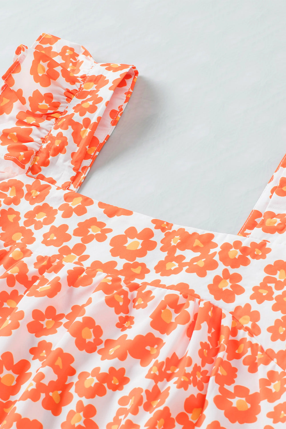 Orange Floral Print Square Neck Ruffle Tank Top