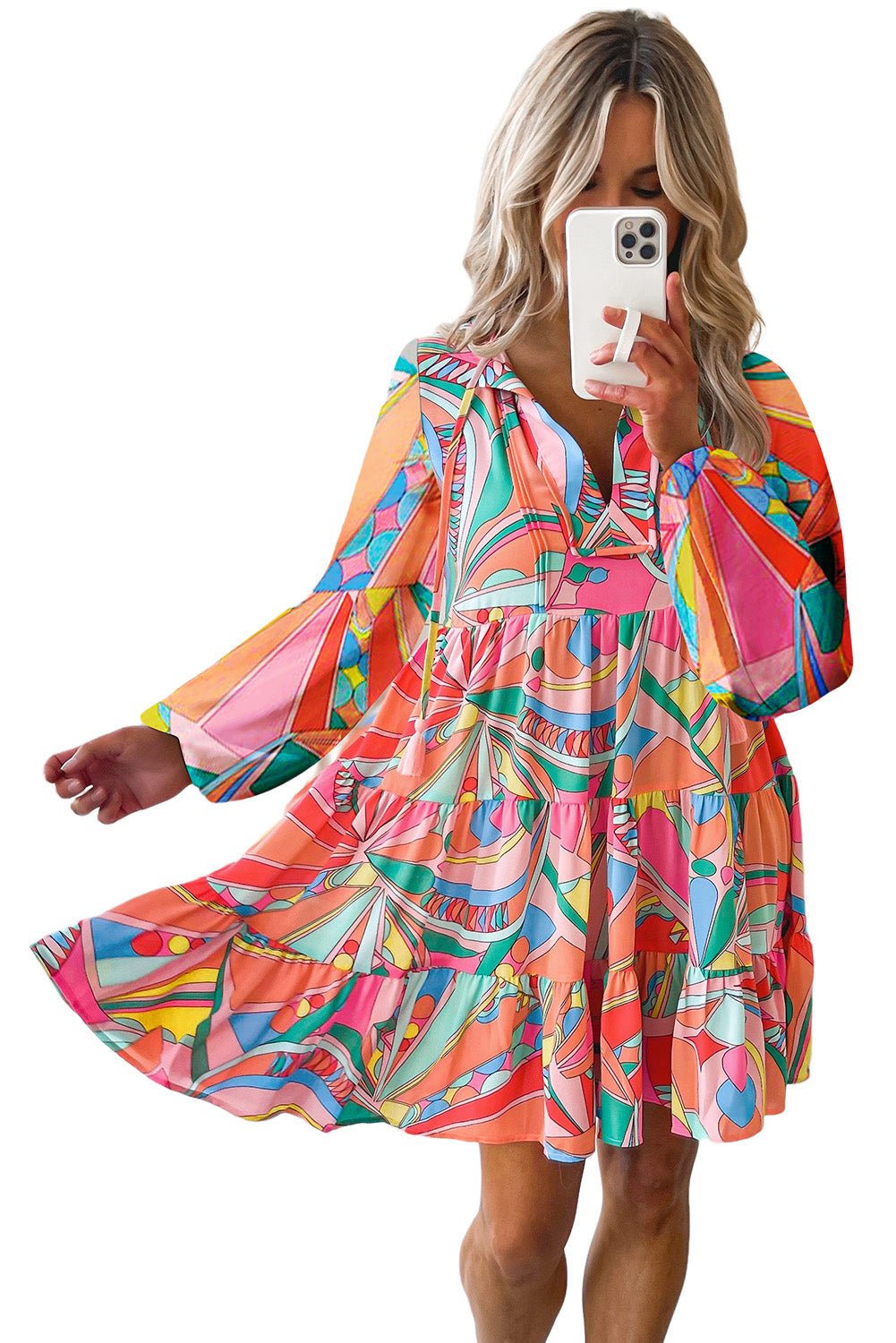 Multicolor Abstract Geometry Print Half Puff Sleeve Loose Shirt