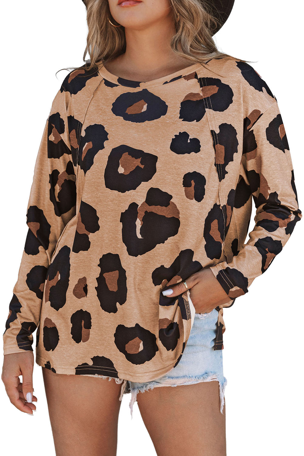 Leopard Animal Print Long Sleeve Pullover and Shorts Casual Outfit