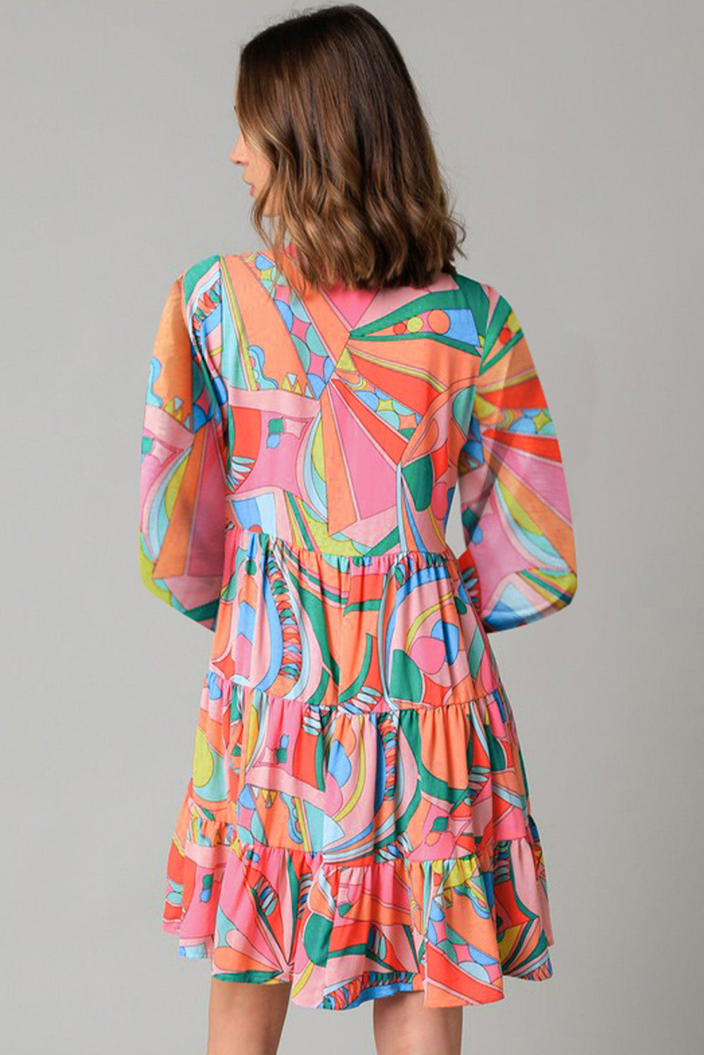 Multicolor Abstract Geometry Print Half Puff Sleeve Loose Shirt