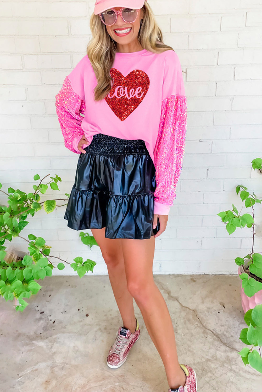 Pink Plus Size Sequin Sleeve Drop Shoulder Sweatshirt