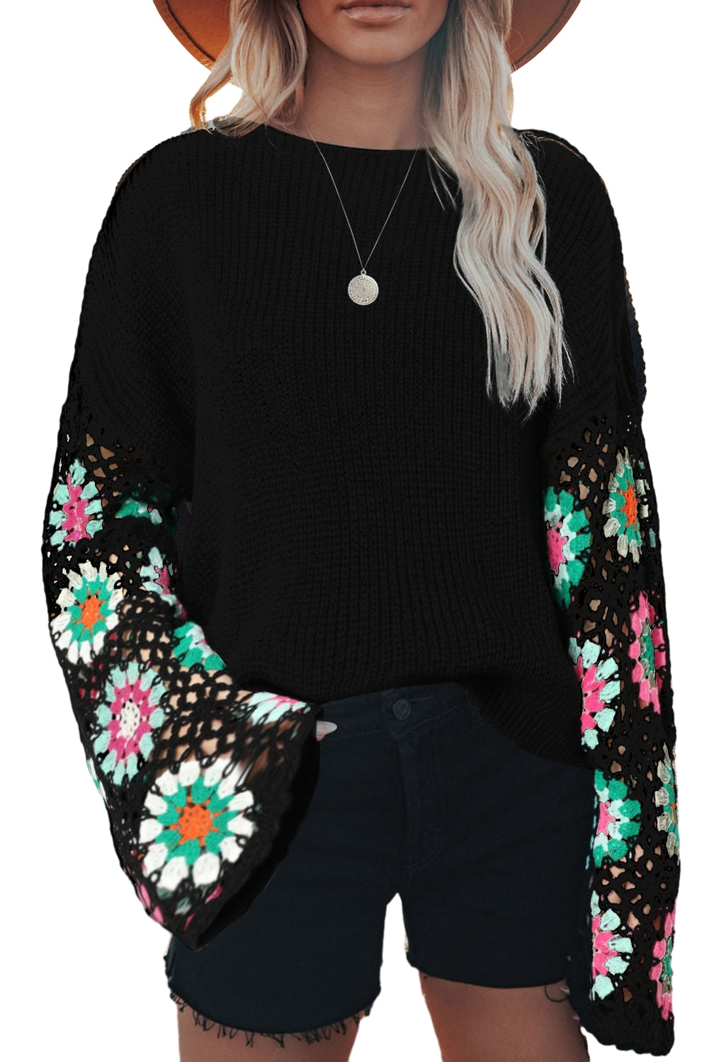 Rose Crochet Puff Sleeve Contrast Knit Sweater