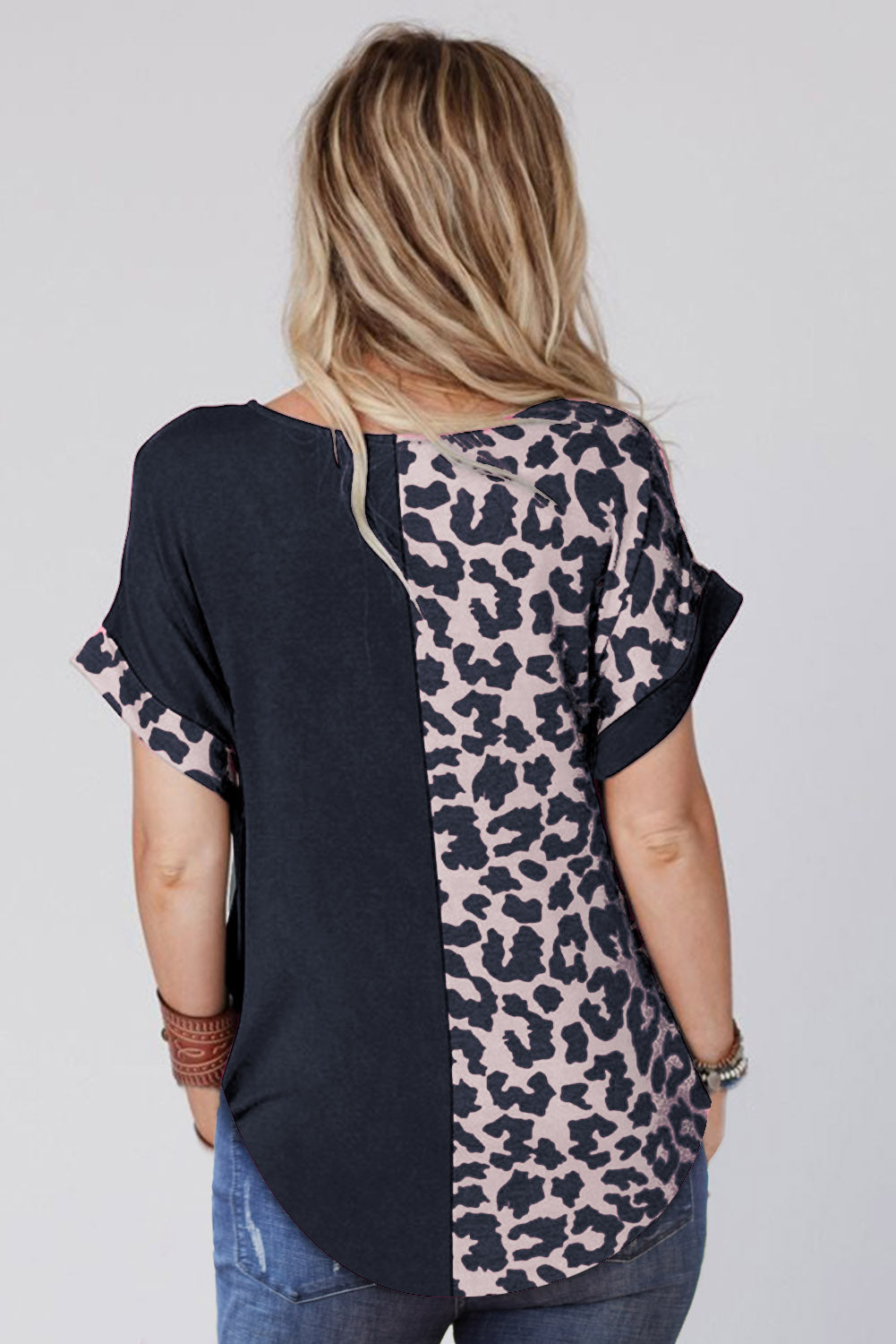 Black Half Leopard Patchwork Short Sleeves Top