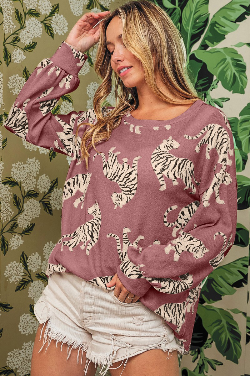 Simply Taupe Lively Tiger Print Casual Sweatshirt