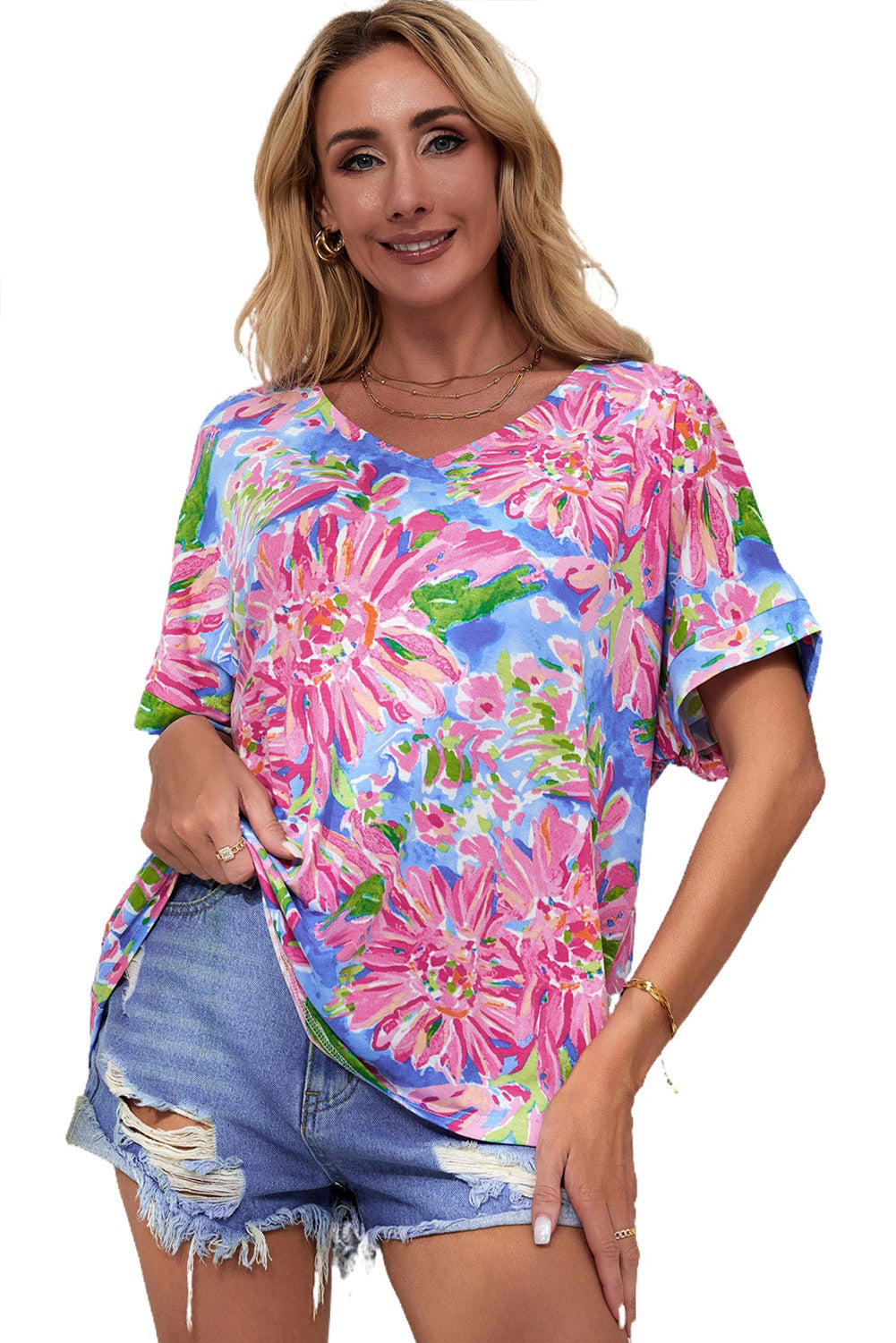 Pink Floral Print Loose Fit V Neck T Shirt