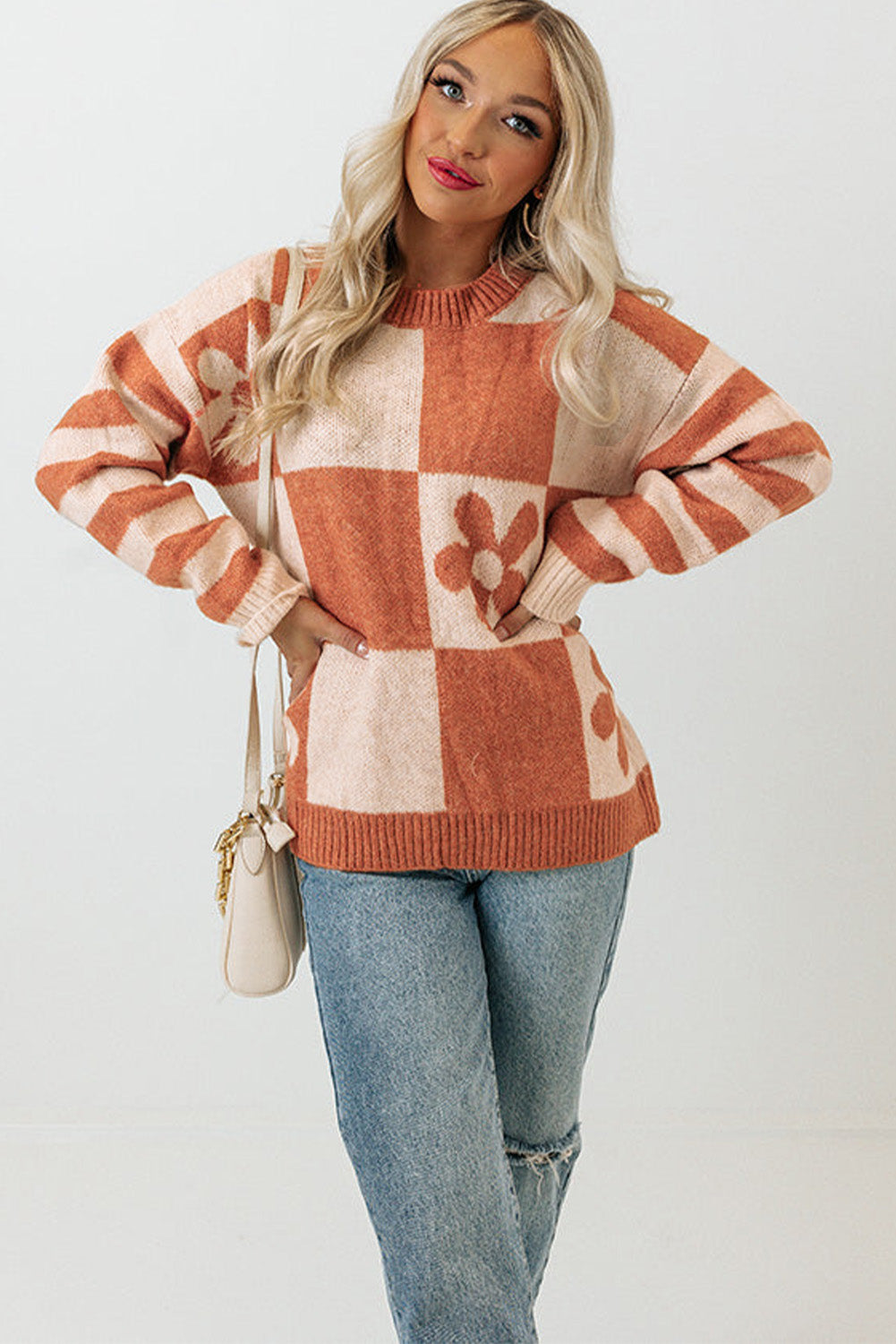 Orchid Petal Checkered Floral Print Striped Sleeve Sweater