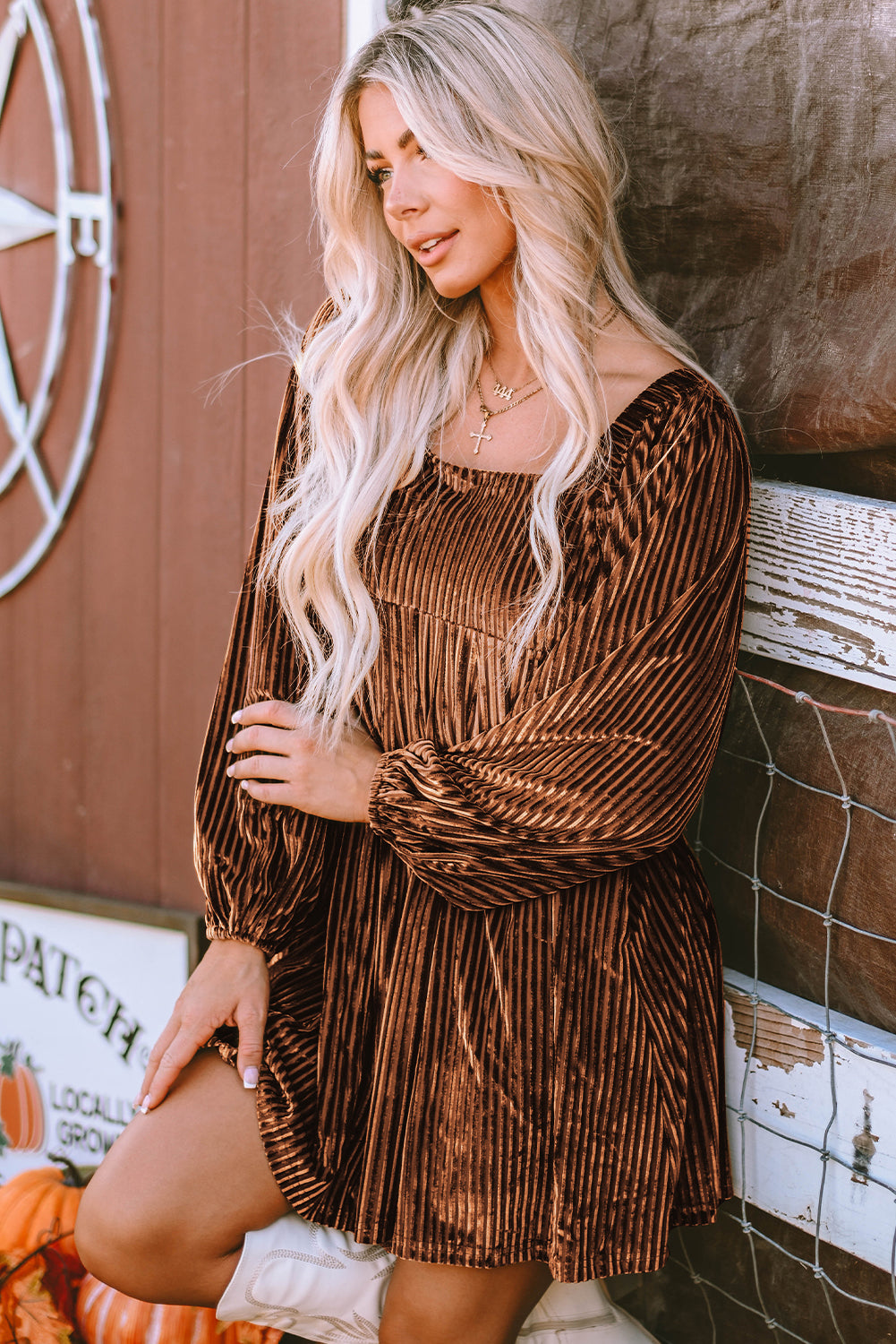 Pale Chestnut Long Sleeve Tiered Ribbed Velvet Dress