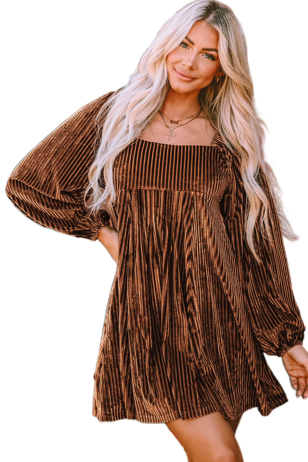 Pale Chestnut Long Sleeve Tiered Ribbed Velvet Dress