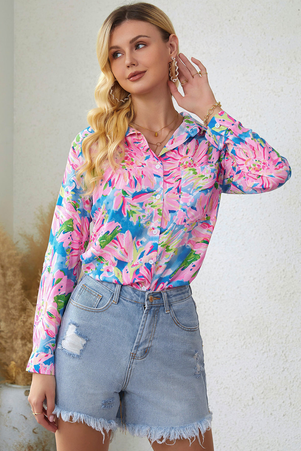 Pink Floral Print Loose Fit V Neck T Shirt