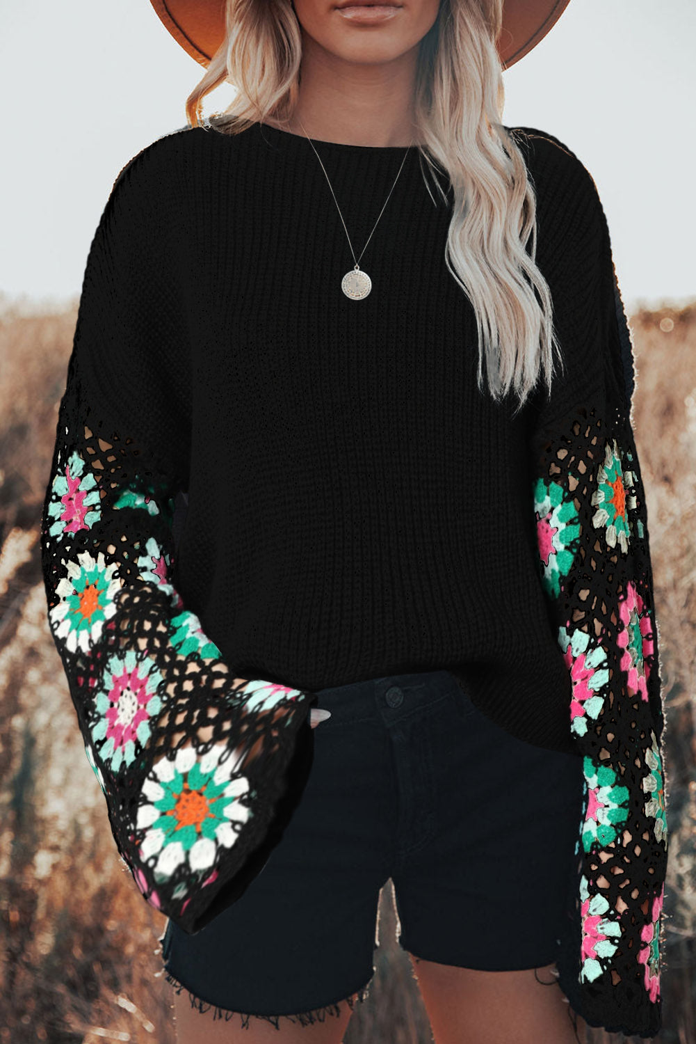 Rose Crochet Puff Sleeve Contrast Knit Sweater