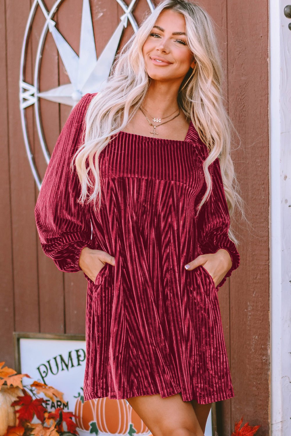 Pale Chestnut Long Sleeve Tiered Ribbed Velvet Dress