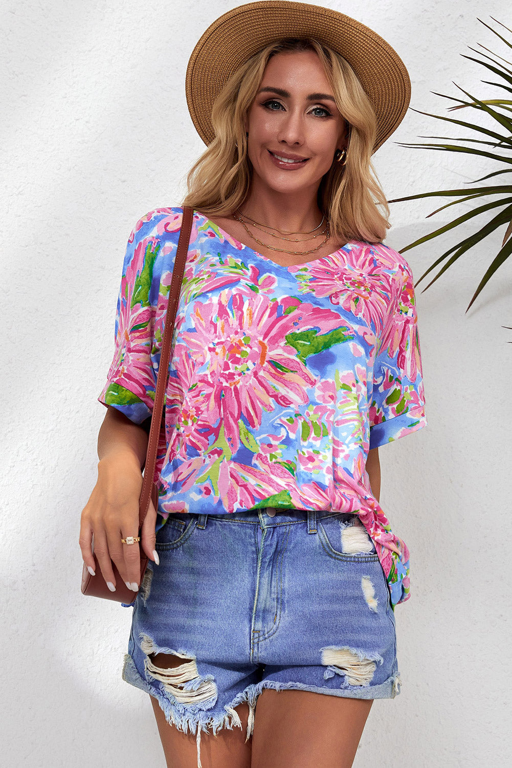 Pink Floral Print Loose Fit V Neck T Shirt