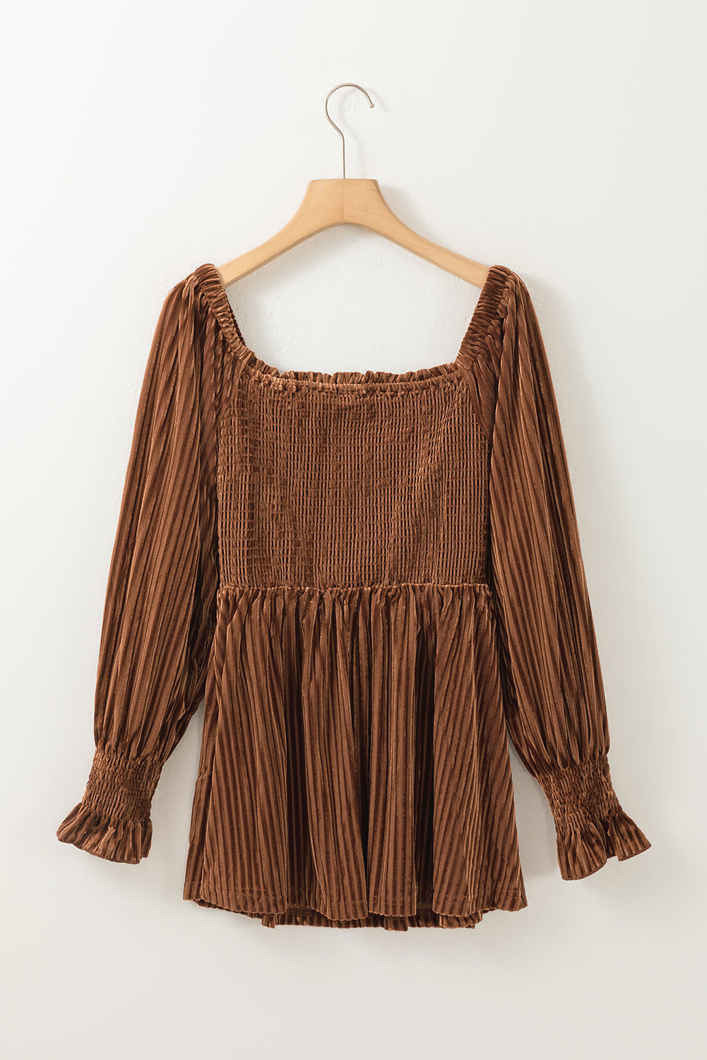 Pale Chestnut Long Sleeve Tiered Ribbed Velvet Dress