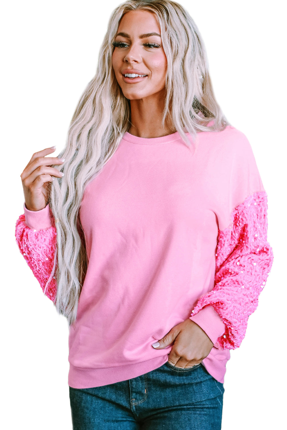 Pink Plus Size Sequin Sleeve Drop Shoulder Sweatshirt