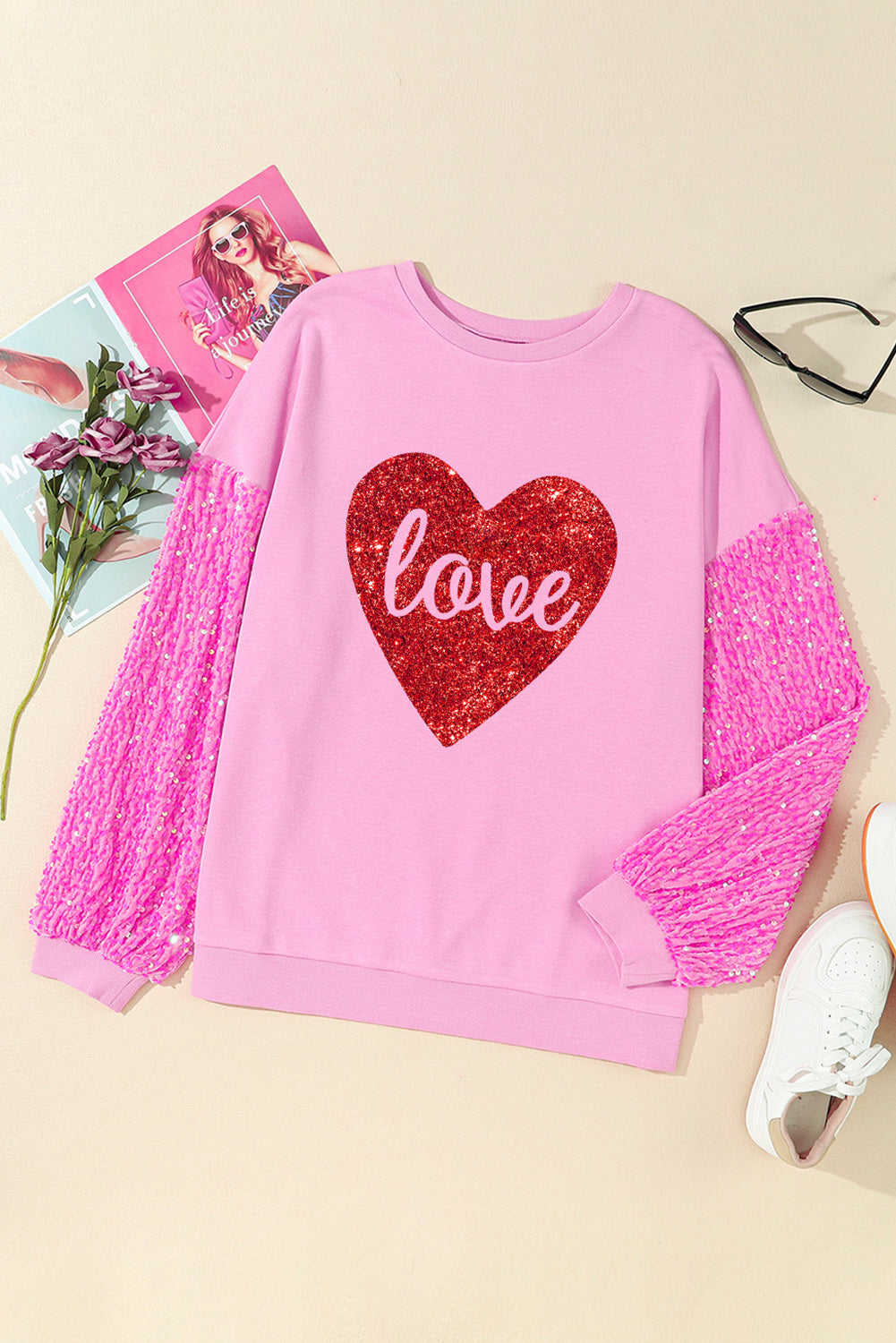 Pink Plus Size Sequin Sleeve Drop Shoulder Sweatshirt