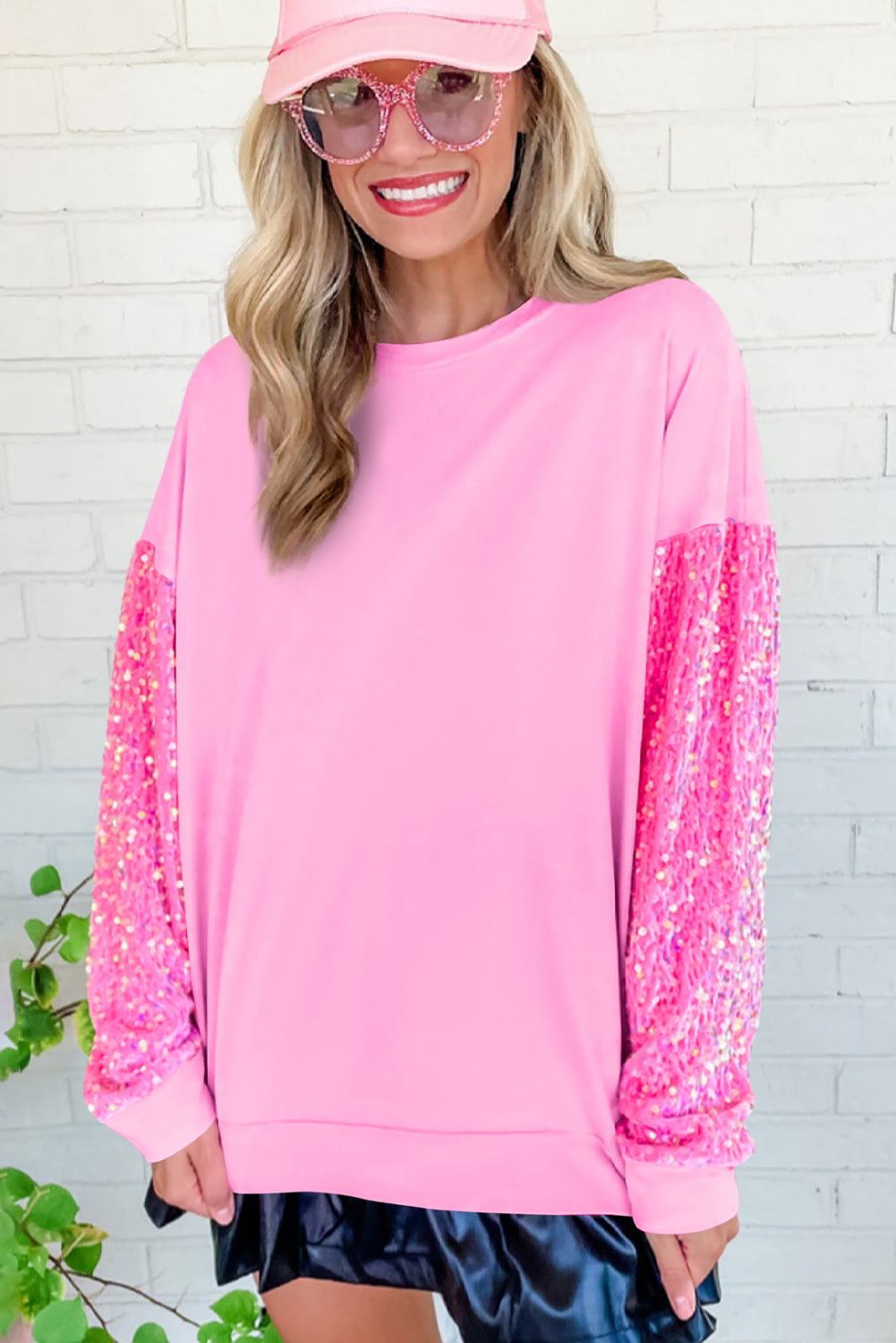 Pink Plus Size Sequin Sleeve Drop Shoulder Sweatshirt