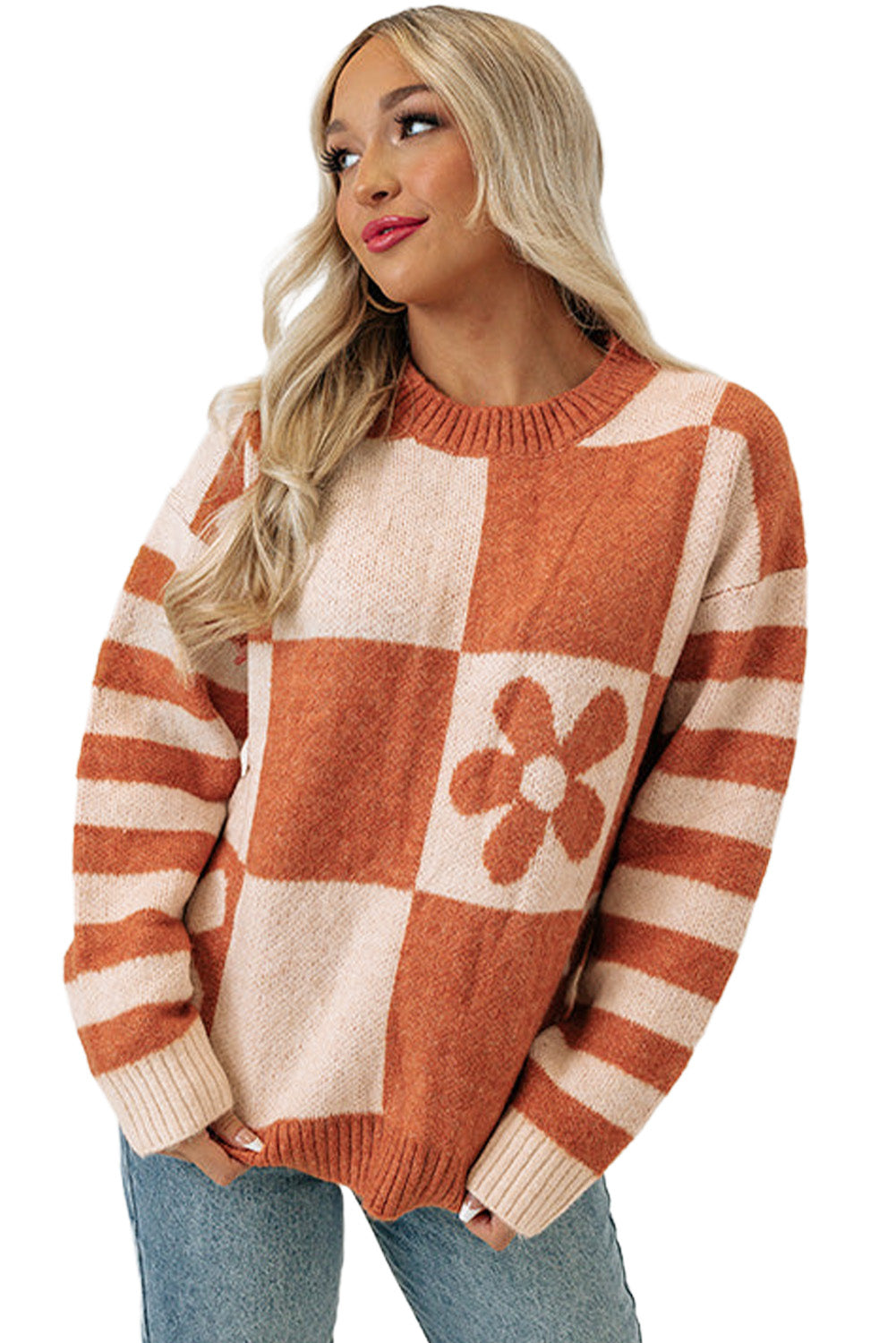 Orchid Petal Checkered Floral Print Striped Sleeve Sweater