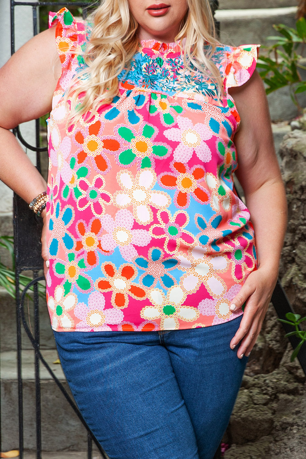 Pink Embroidered Detail Floral Print Ruffle Trim Tank Top