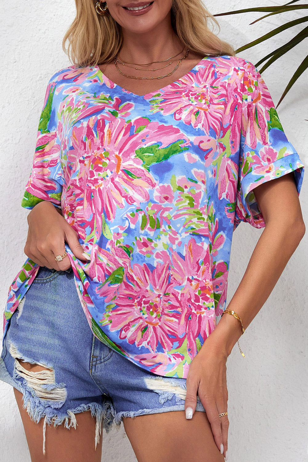 Pink Floral Print Loose Fit V Neck T Shirt