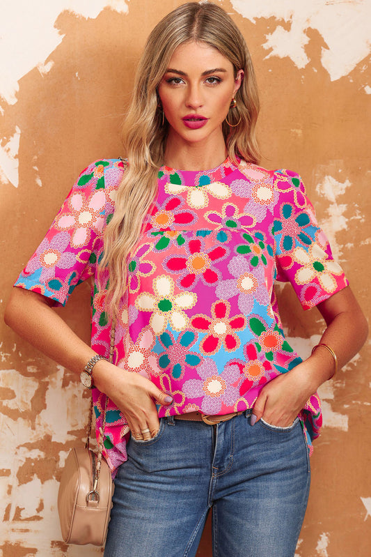 Purple Boho Flower Print Puff Short Sleeve Top