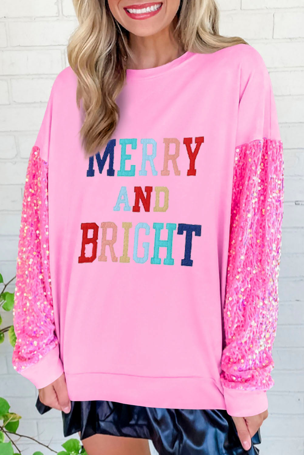 Pink Plus Size Sequin Sleeve Drop Shoulder Sweatshirt