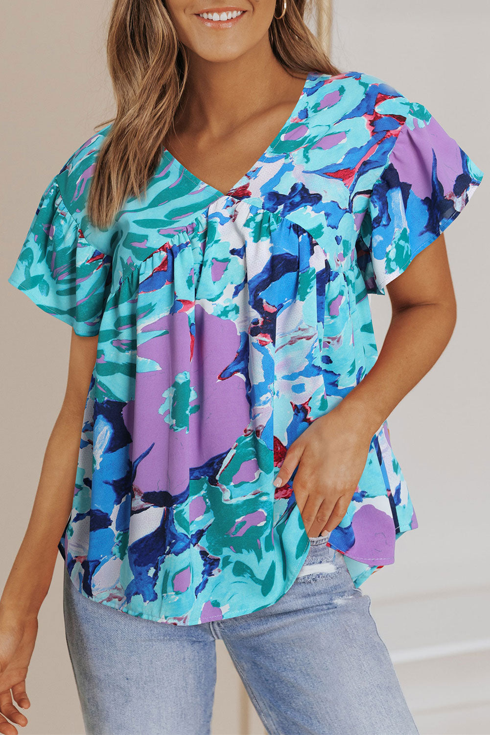 Pink Abstract Print V Neck Flutter Sleeve Blouse