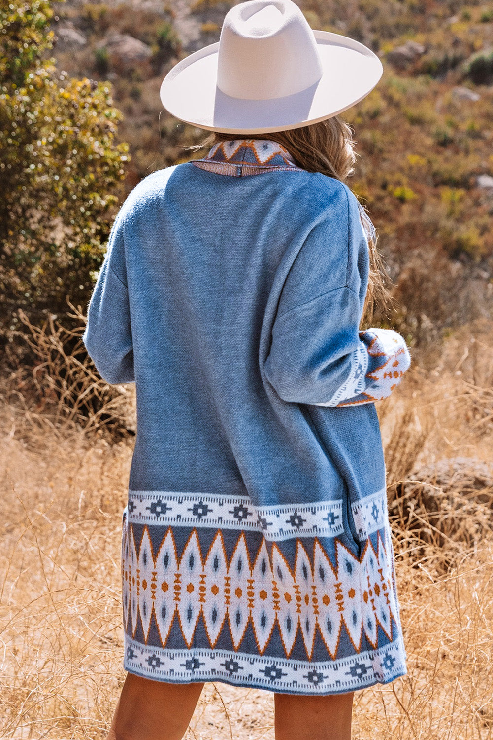 Blue Aztec Print Open Front Knitted Cardigan