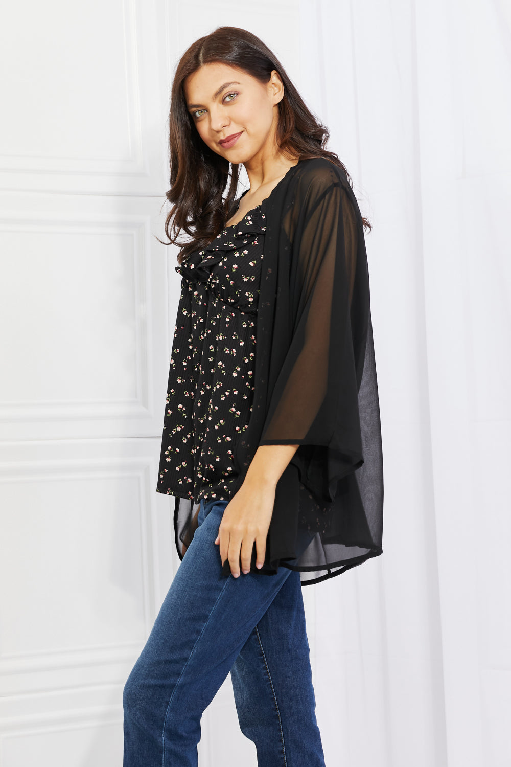 Melody Just Breathe Full Size Chiffon Kimono in Black