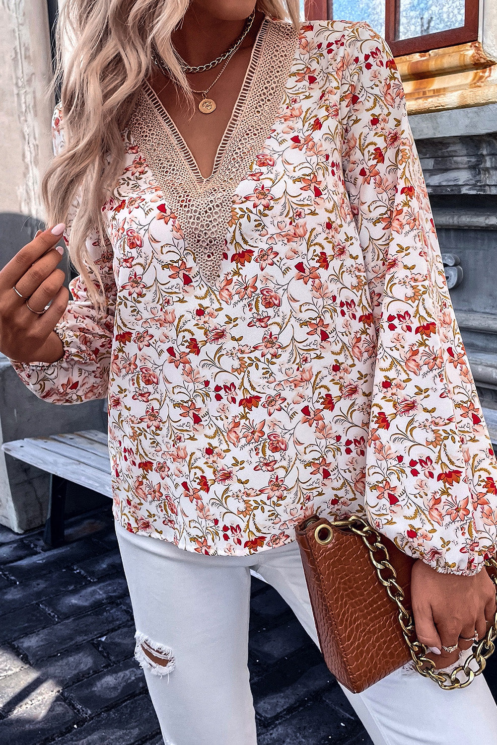 Printed V-Neck Long Sleeve Blouse