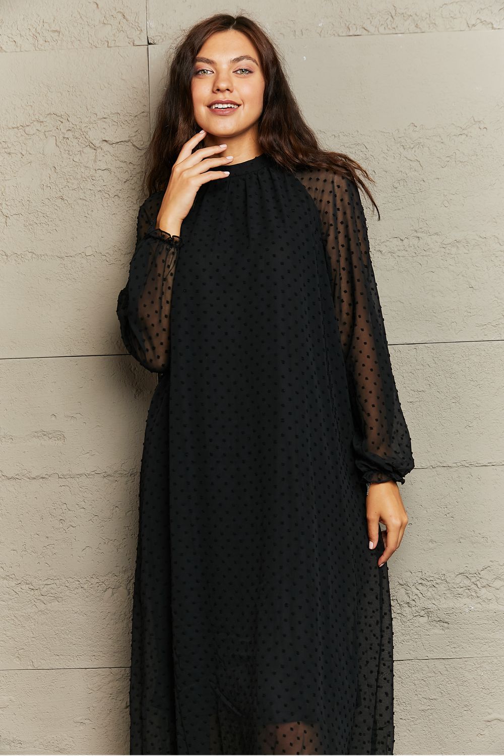 Round Neck Long Sleeve Midi Dress