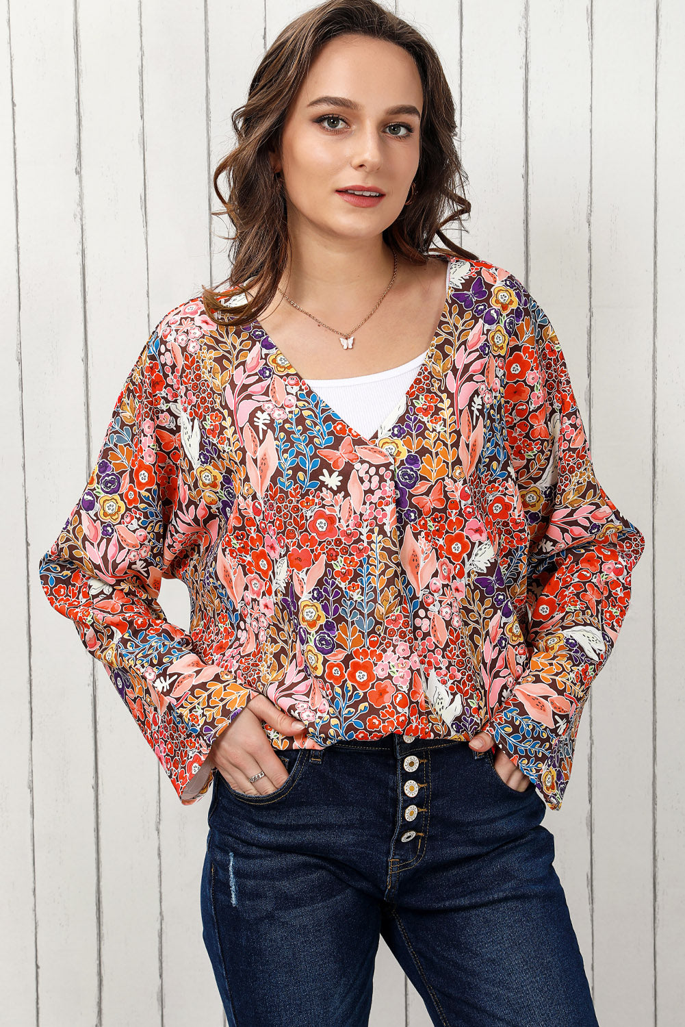 Double Take Woven Right Floral V-Neck Long Sleeve Blouse