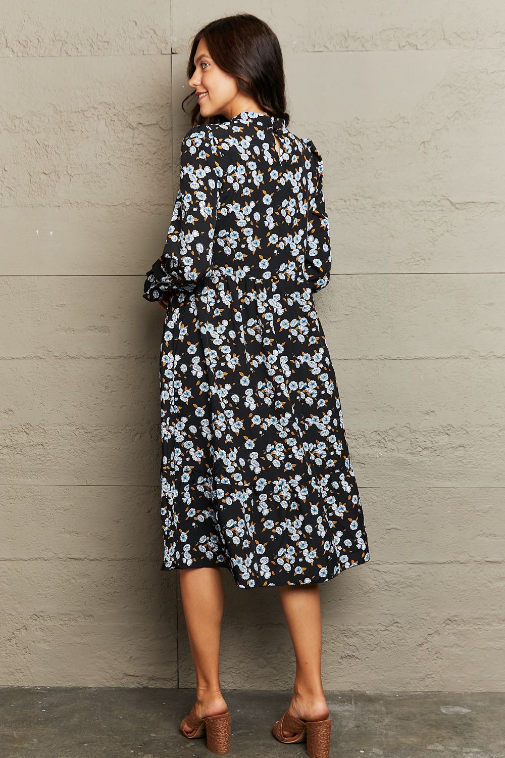 Printed Round Neck Flounce Sleeve Dress