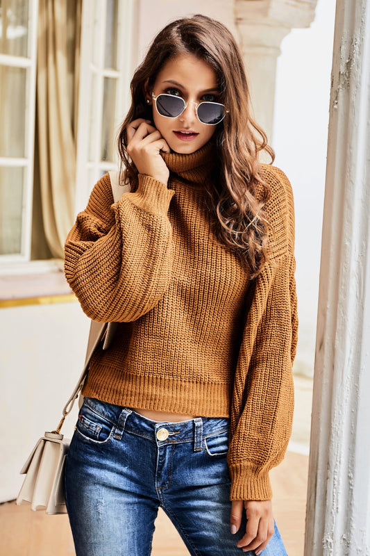 Turtleneck Dropped Shoulder Rib-Knit Sweater