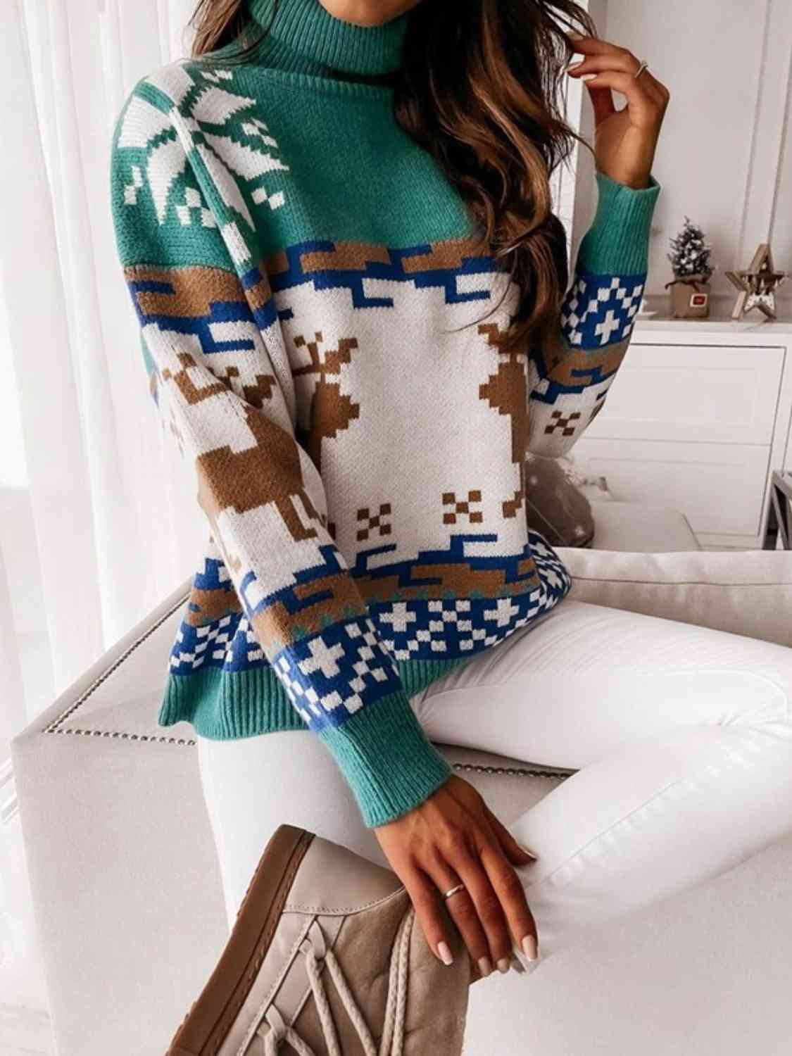 Reindeer Turtleneck Drop Shoulder Sweater