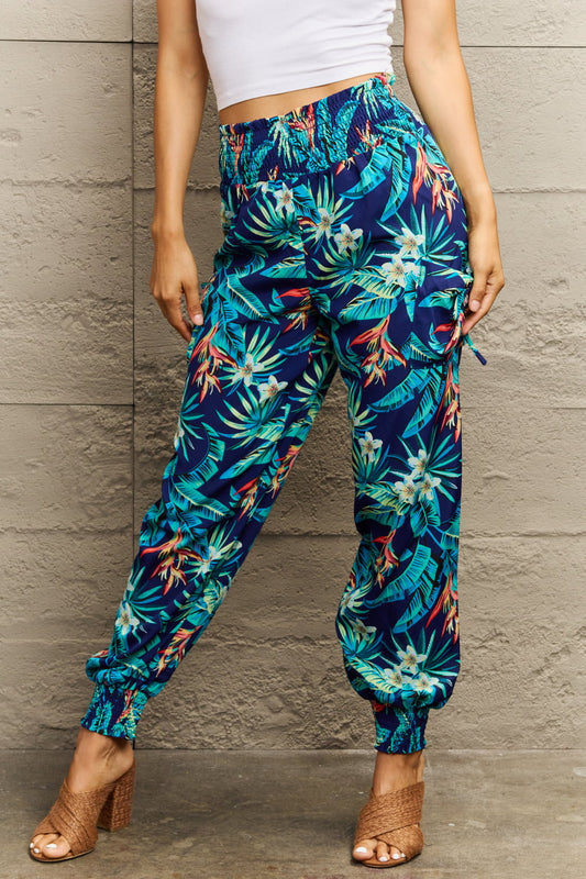 Smocked Plant Print Long Pants